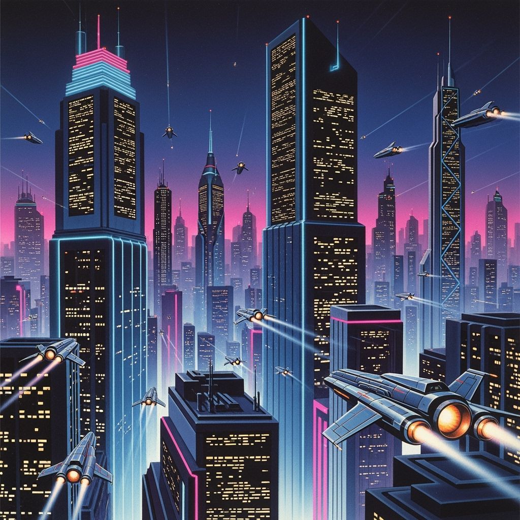 Vintage 80s Airbrushed Cityscape with Neon Lights
