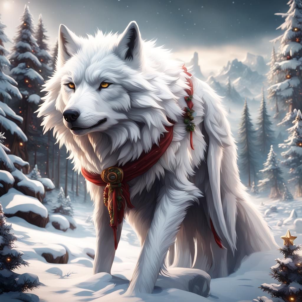 White wolf, Christmas theme, Winter landscape