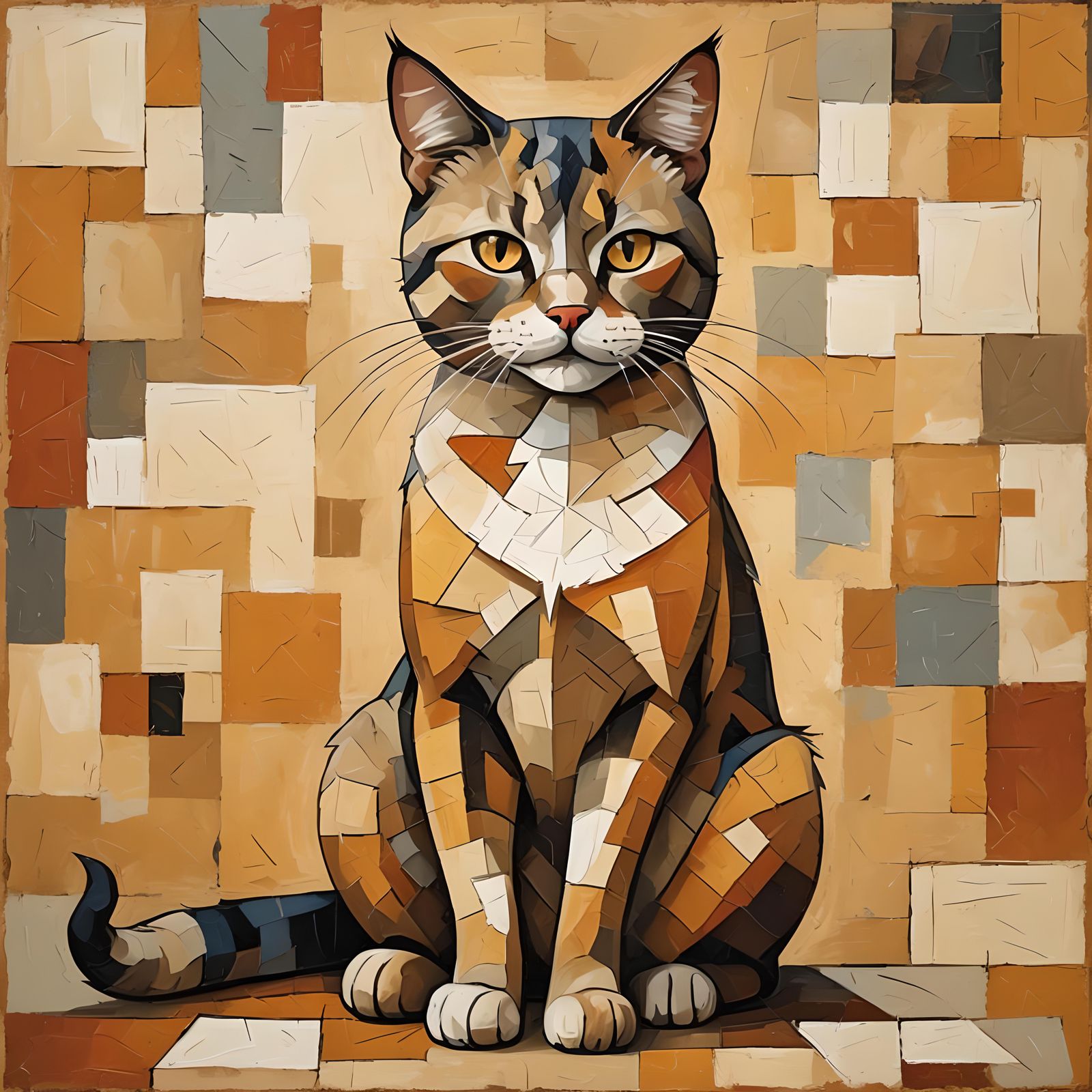 Cubist Cat on Ochre Background