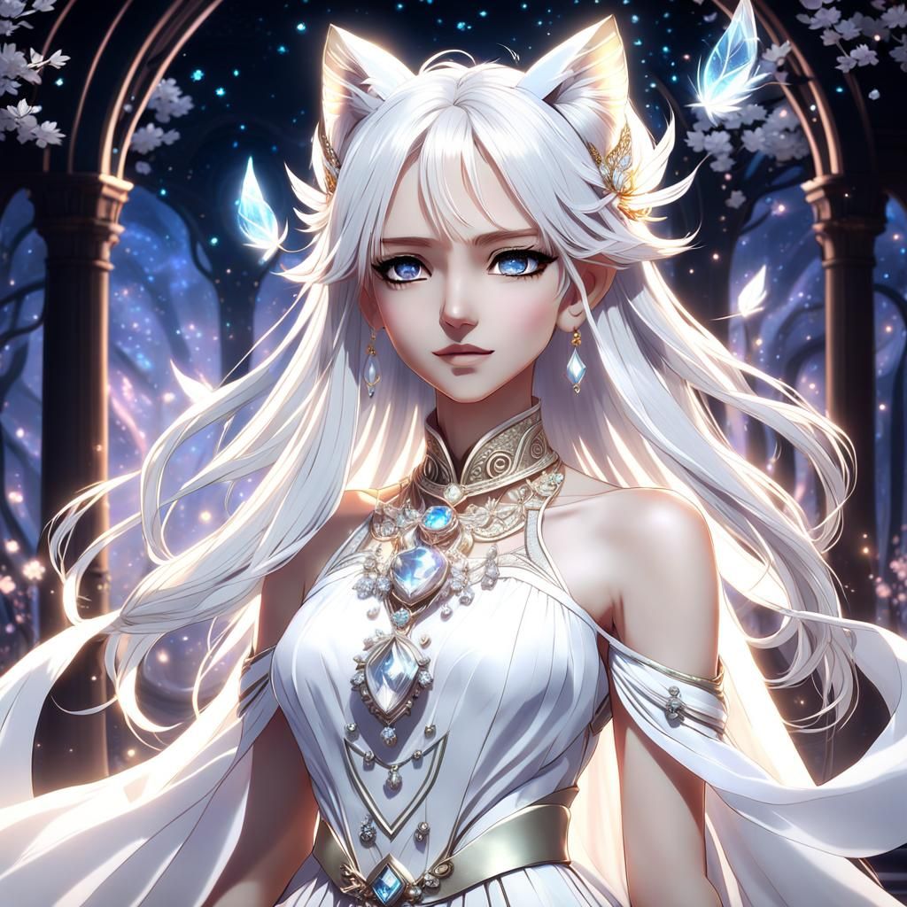 Anime Girl with White Hair in Fantasy Setting