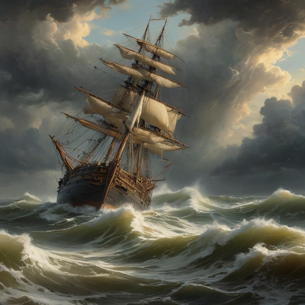 Solitary Ship Navigating Stormy Seas as Oil Painting