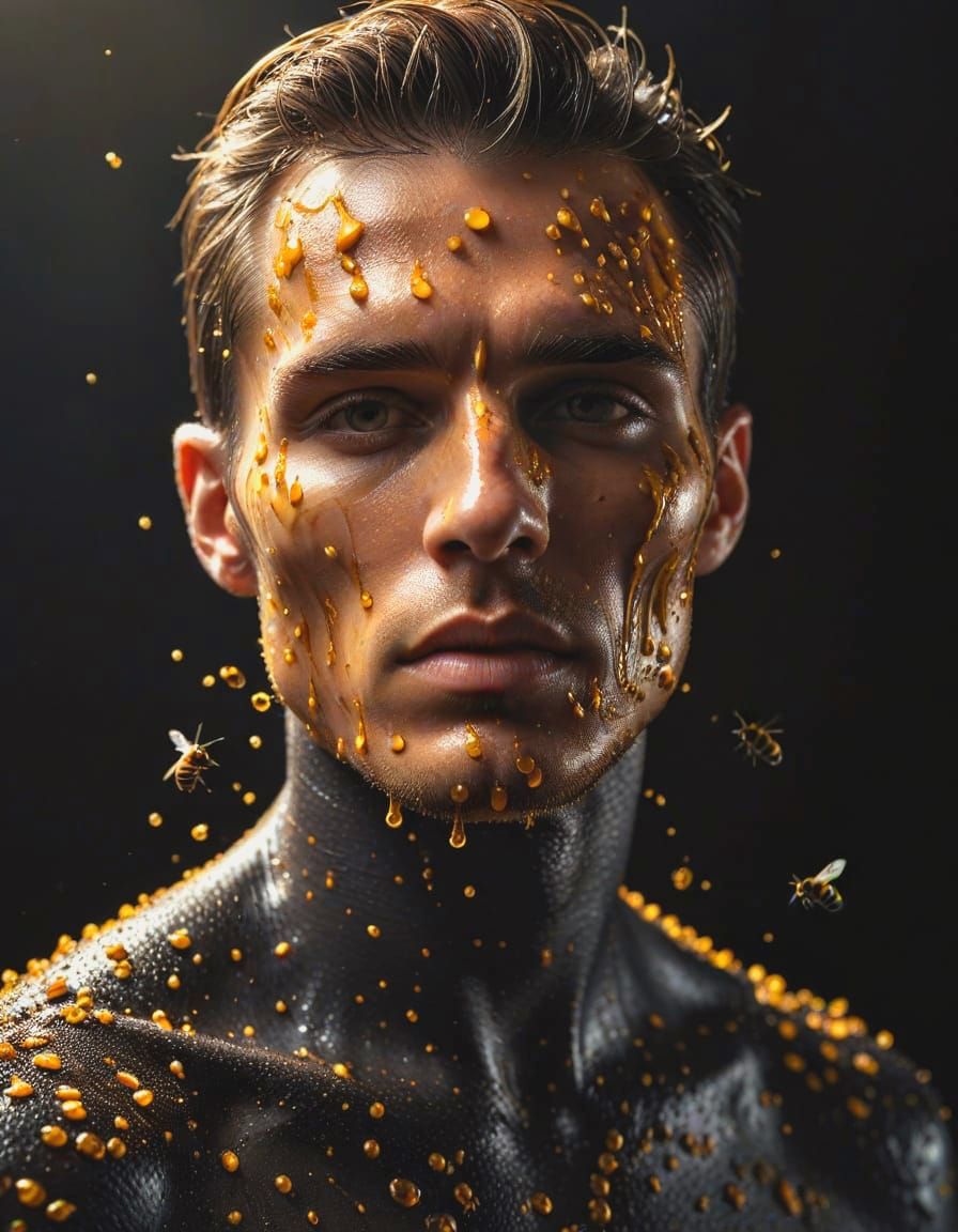Golden Honey Portrait with Bees