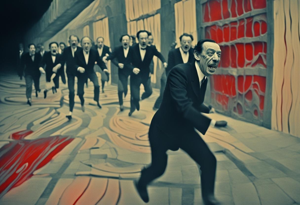 Distorted Face Running in Dark Surreal Labyrinth