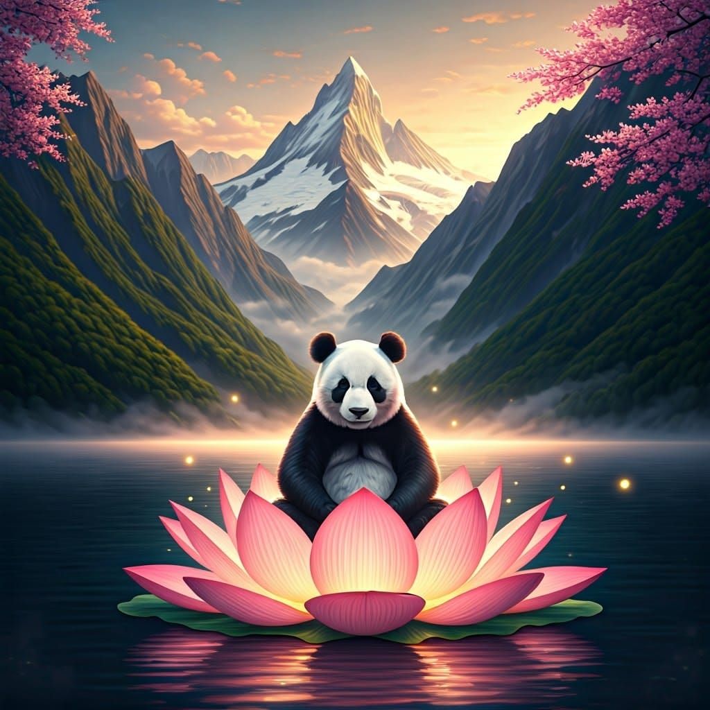Glowing Lotus Oasis with Serene Panda in Meditation