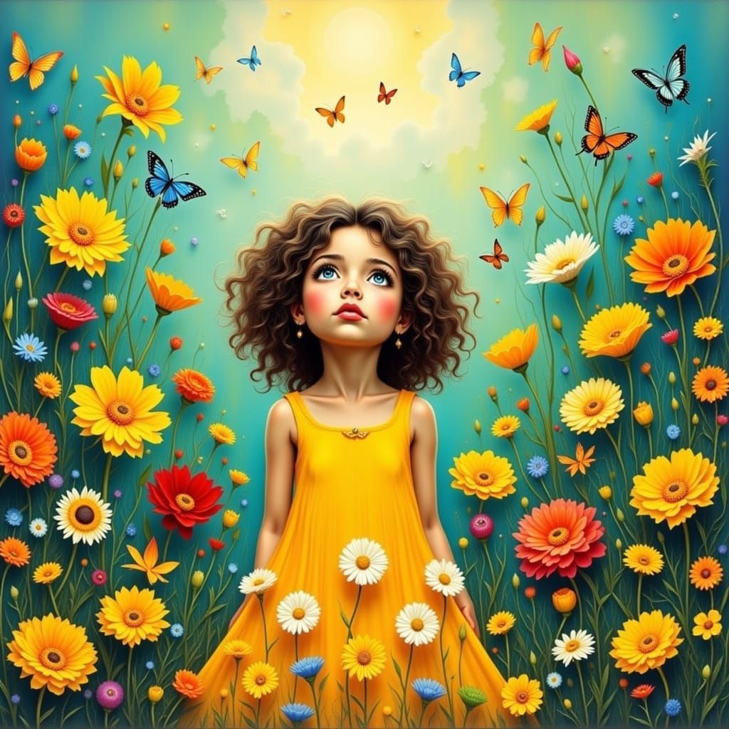 Whimsical Girl in a Rainbow Meadow