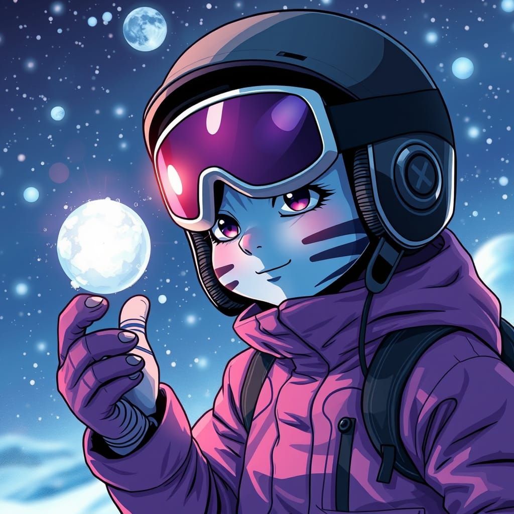 Blue Striped Man Spinning Snowball in Manga Style