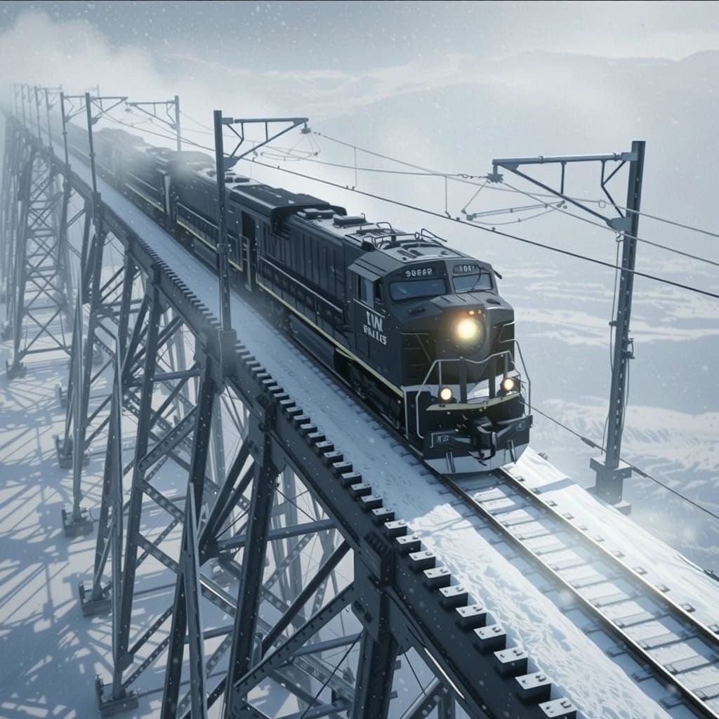 Black Train Thunders Across Snowy Bridge in Dramatic Lightin...
