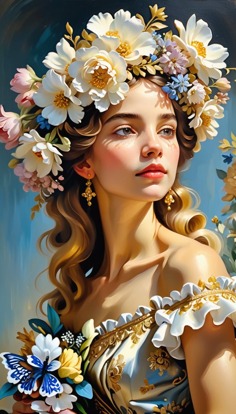 Baroque Floral Queen Oil Painting in Golden Light