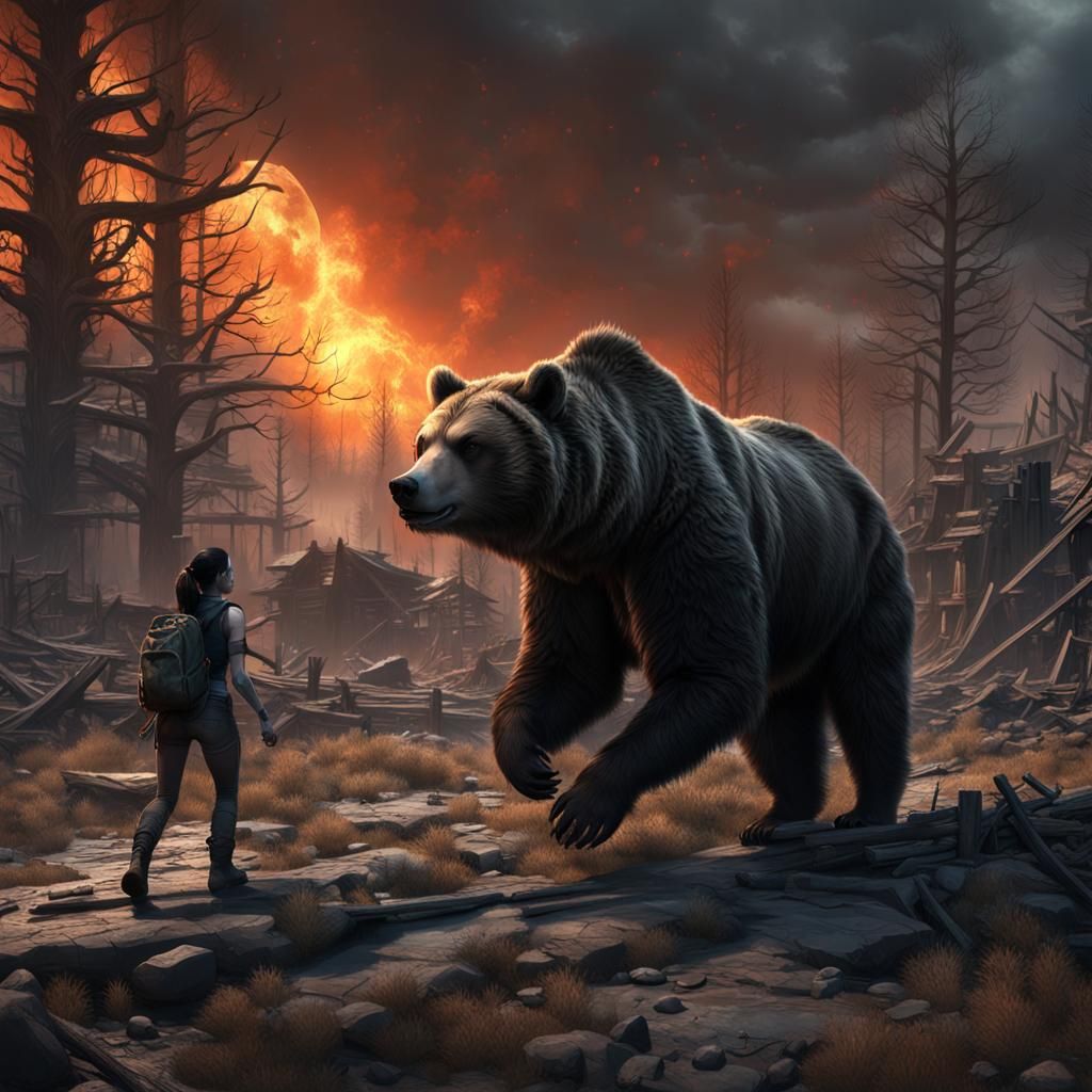 Girl Rides Grizzly Through Apocalyptic Ruins