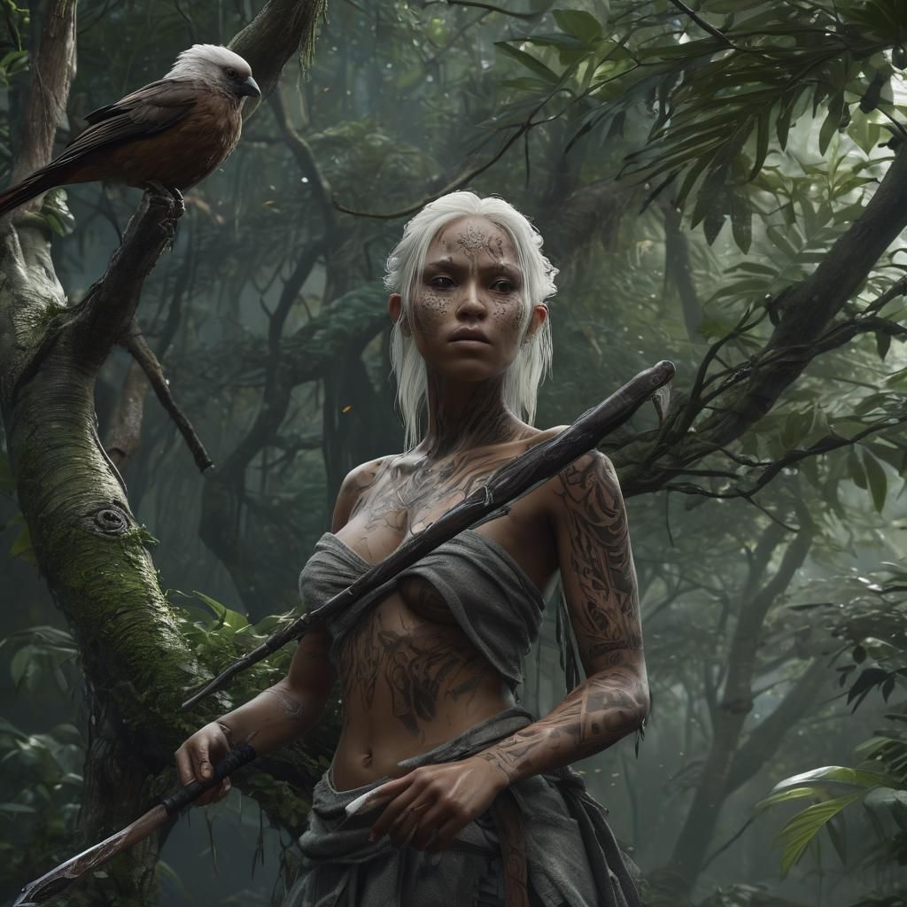 Wooden-Skinned Spirit with Machete in Dark Rainforest