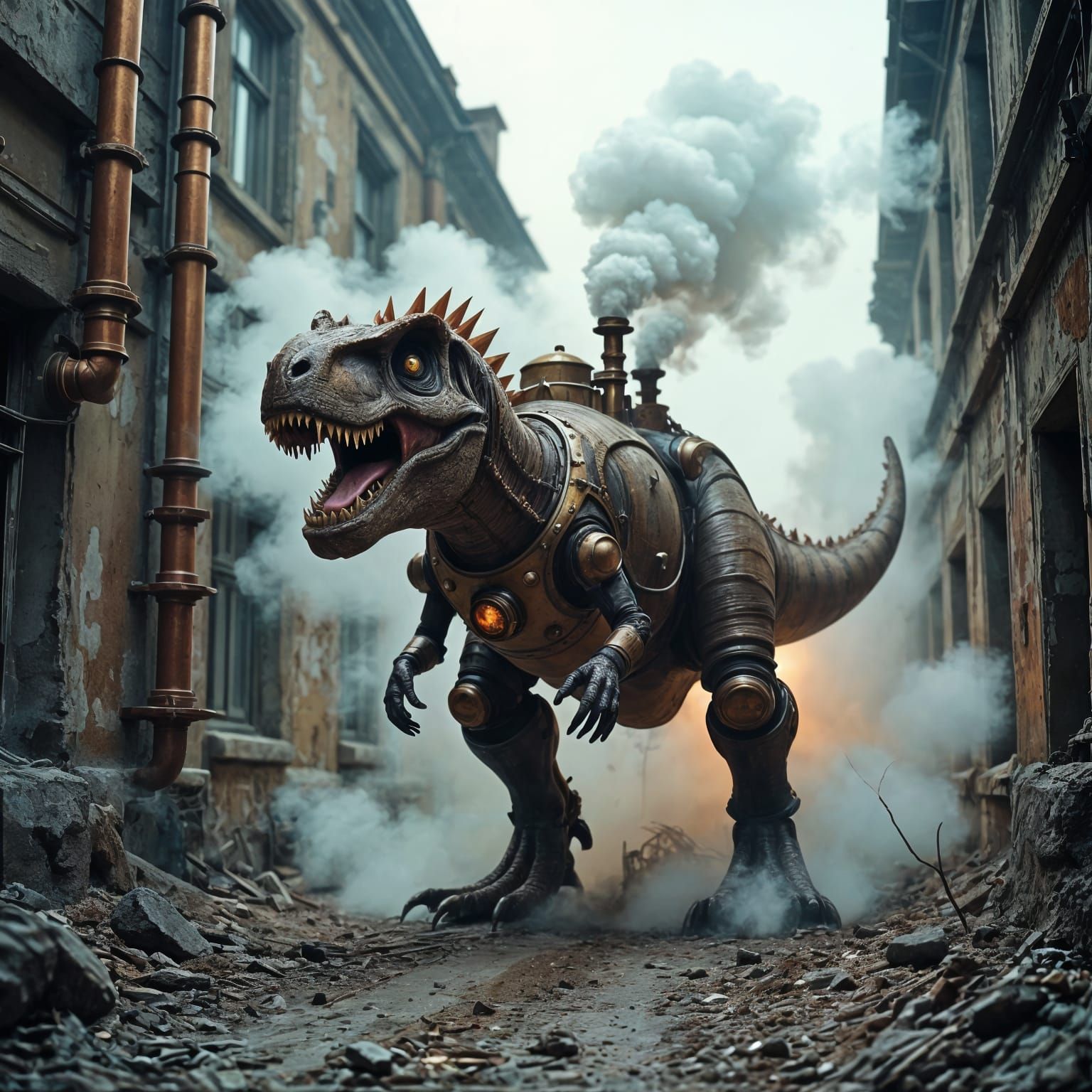 Steampunk T-Rex Demolishes Building in Cinematic Photo