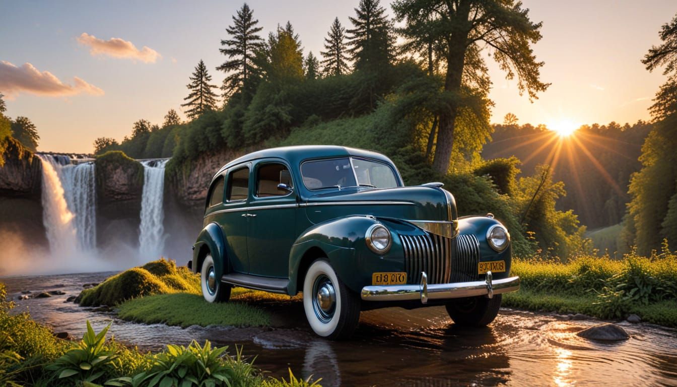 1942 Ford in a forest by a waterfall at sunset