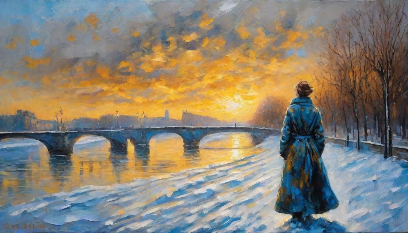 Woman Walks Along Seine in Expressionist Winter Painting