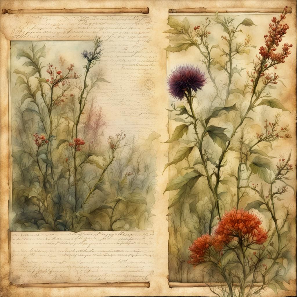 Medieval Botanical Herbarium Page in Watercolor Style