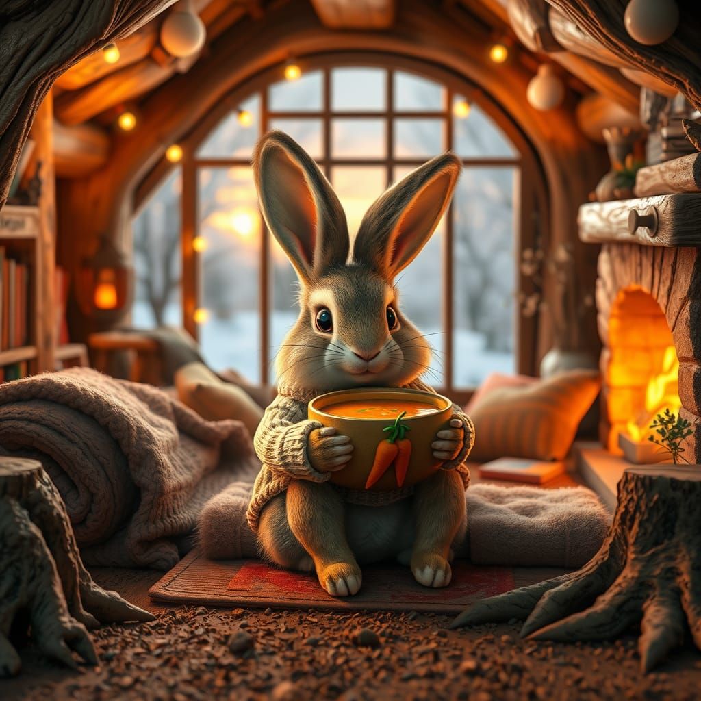 Rabbit in Cozy Burrow Enjoying Carrot Soup