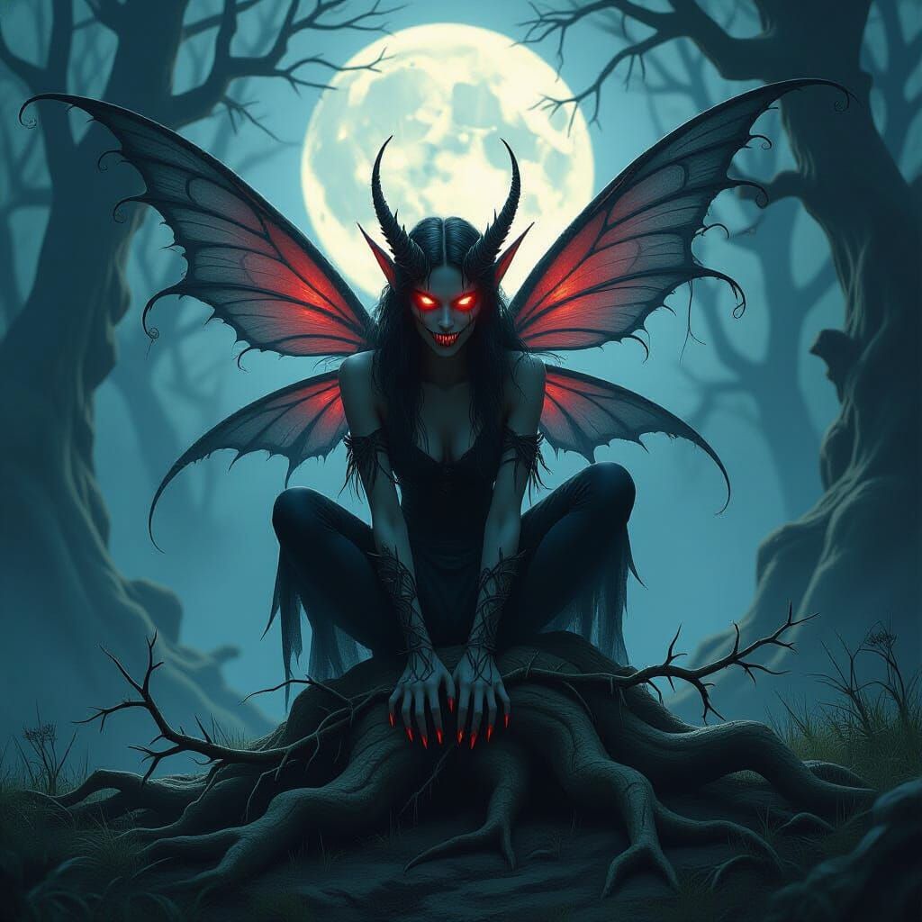 Menacing Fairy with Crimson Eyes in Dark Forest