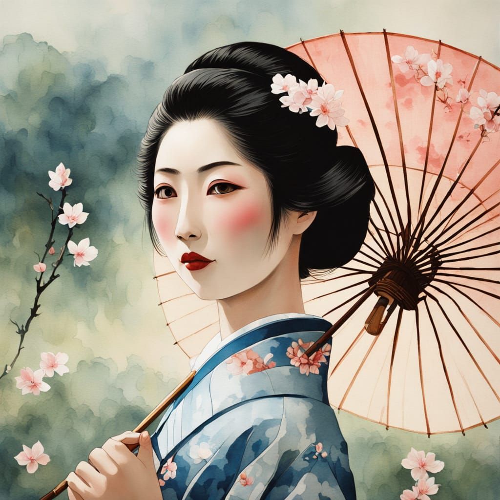 Traditional Geisha in Serene Japanese Garden