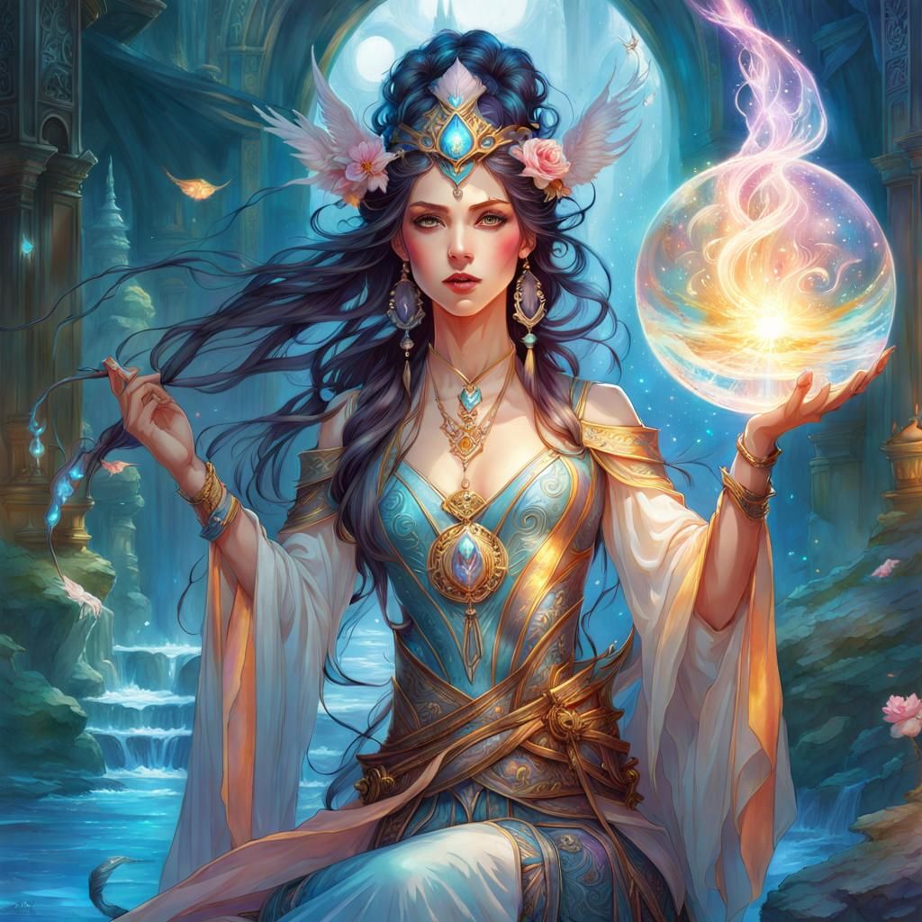 Gorgeous Sorceress Casting Magic in Watercolor Style