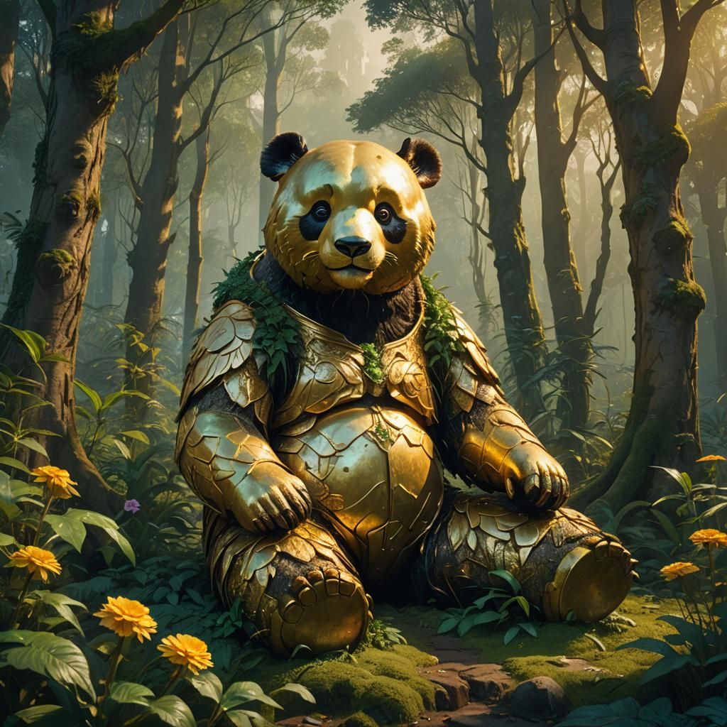 Golden Panda Statue in Mystical Forest