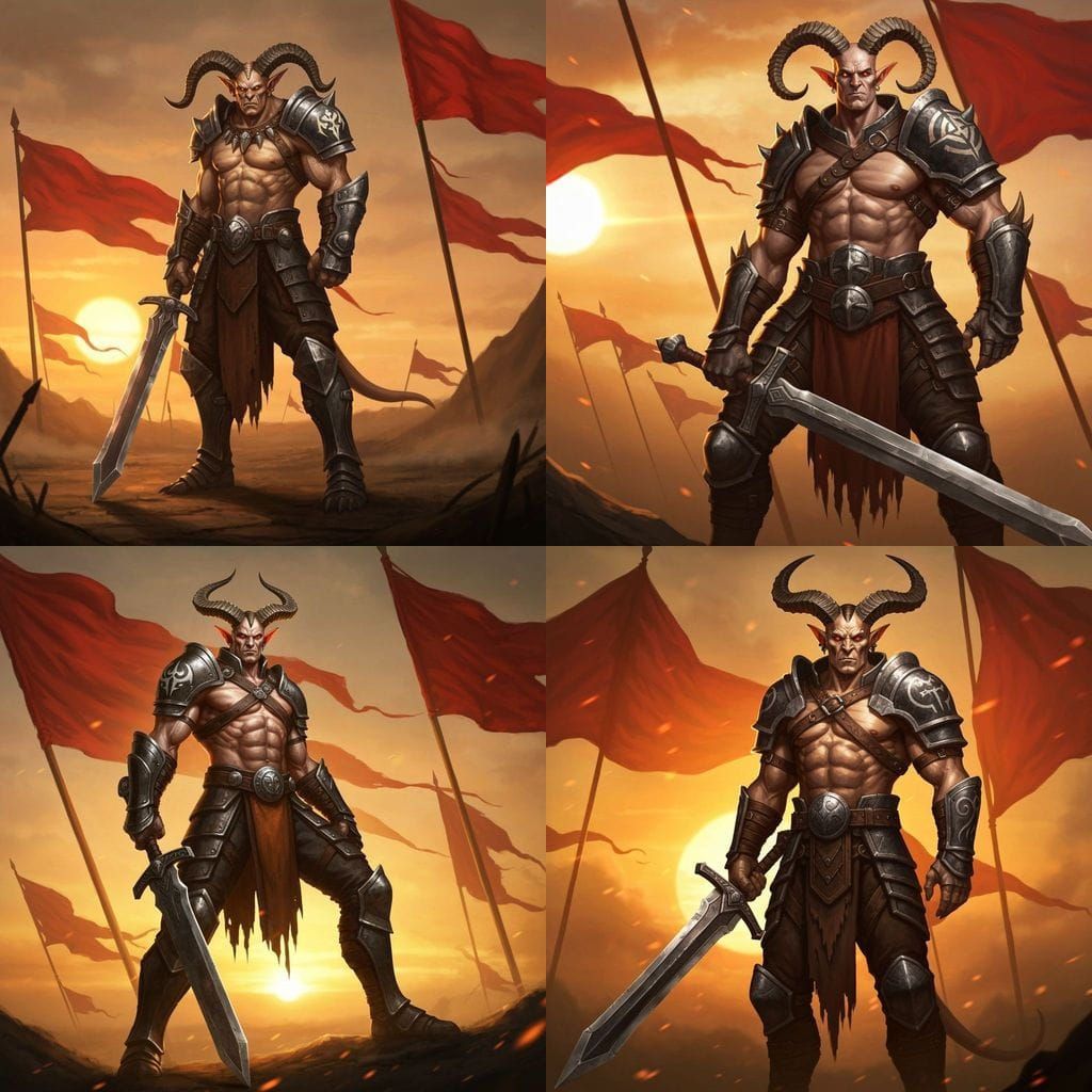 Muscular Horned Warrior with Greatsword at Sunset