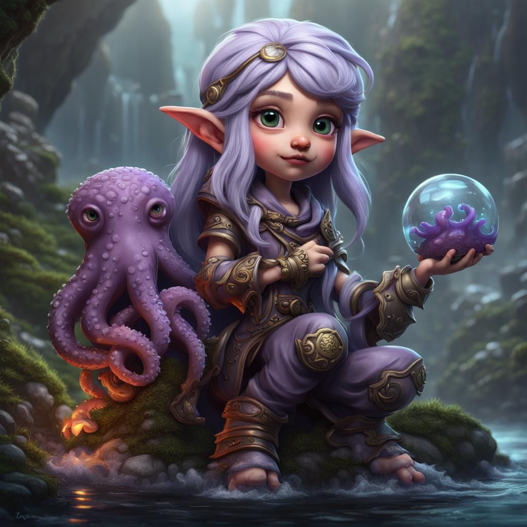 Gnome Druid with Pet Octopus, Detailed Fantasy Art