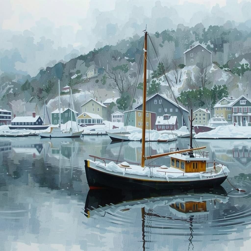 Snowy Norwegian Fjord Scene in Watercolor Style