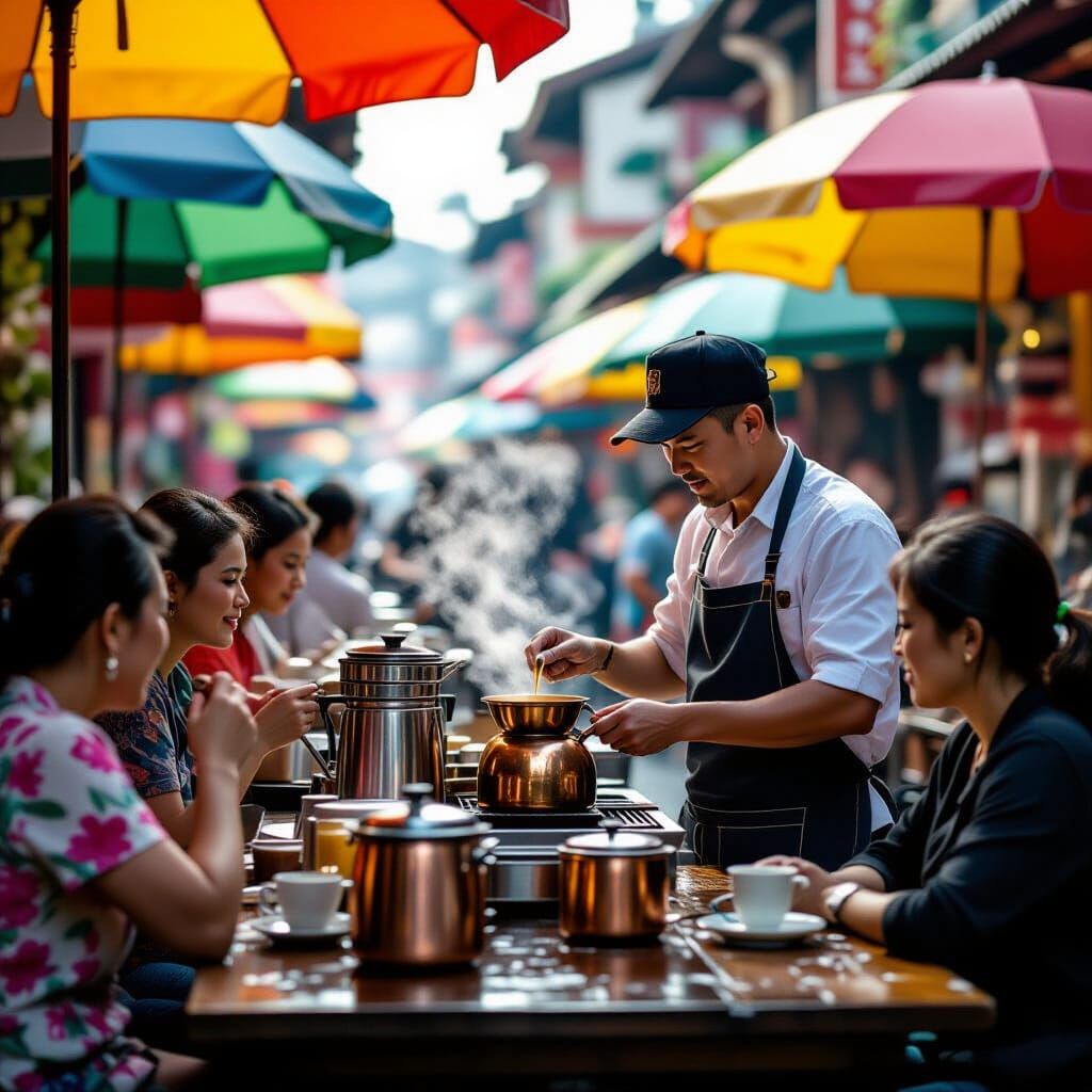 Vibrant Southeast Asian Coffee Stall Scene