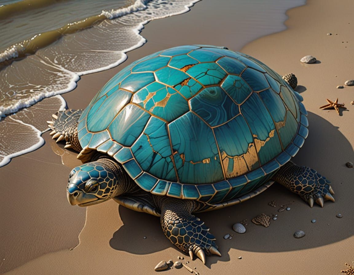A beautiful turtle on a beach.