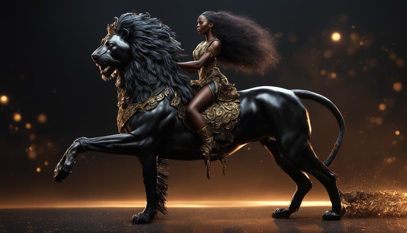 Black Princess Rides Lion in Photorealistic CGI Art