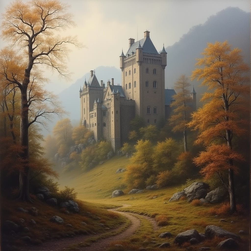 Majestic Castle in Scottish Highlands Autumn Mist