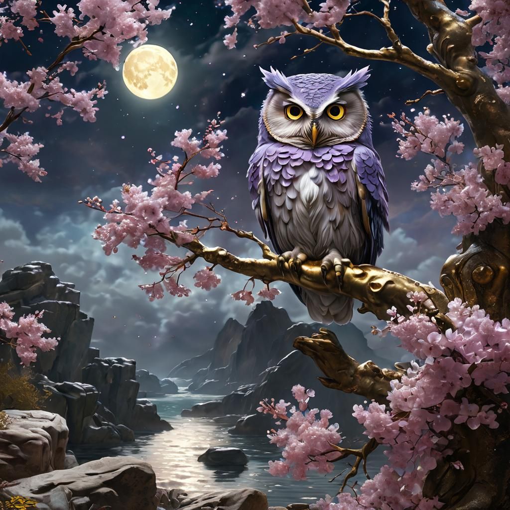 Owl in Lilac Cherry Tree with Gold Sequins