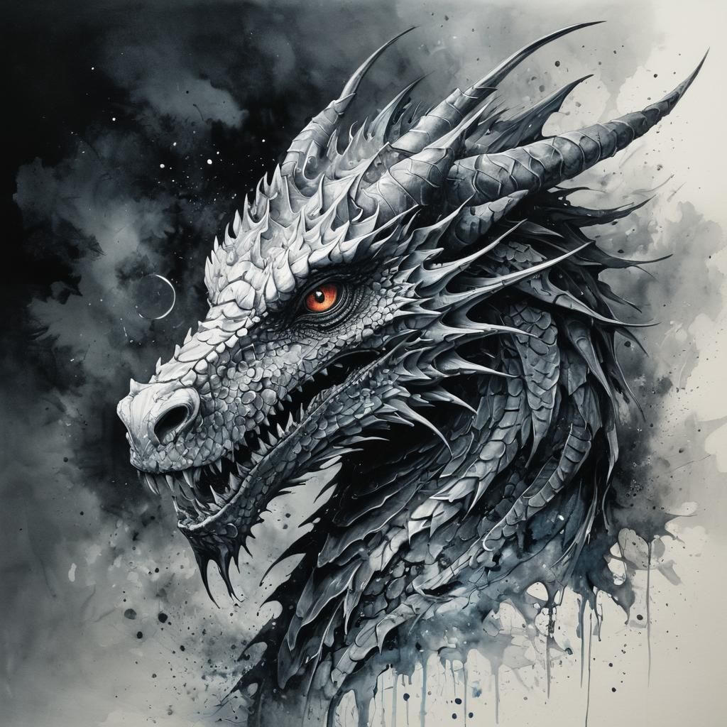 Surreal Dragon in Dark Fantasy Watercolor Art