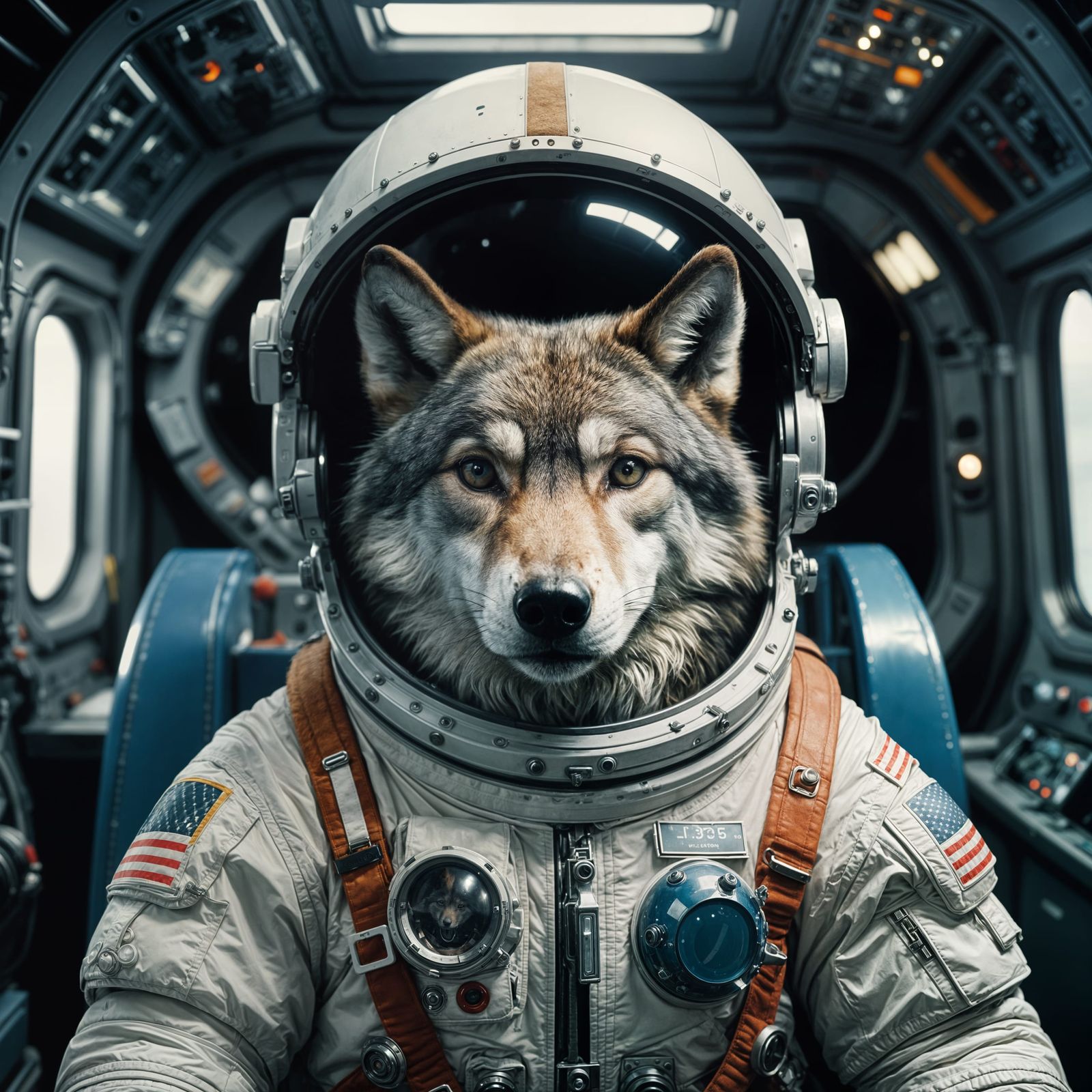 Anthropomorphic Wolf Astronaut in Spaceship, Cinematic Light...