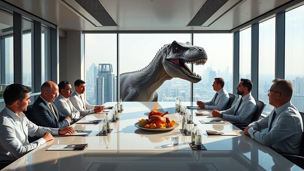 Dinosaur Disrupts Corporate Boardroom: Photorealistic Image