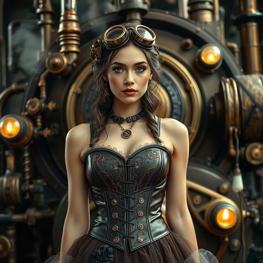 Steampunk Goddess Amidst Victorian Industrial Wonder