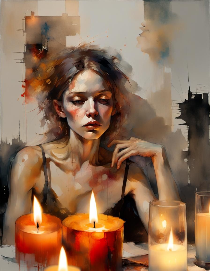 Candlelit Reader in Dark Room: Alcohol Ink Art