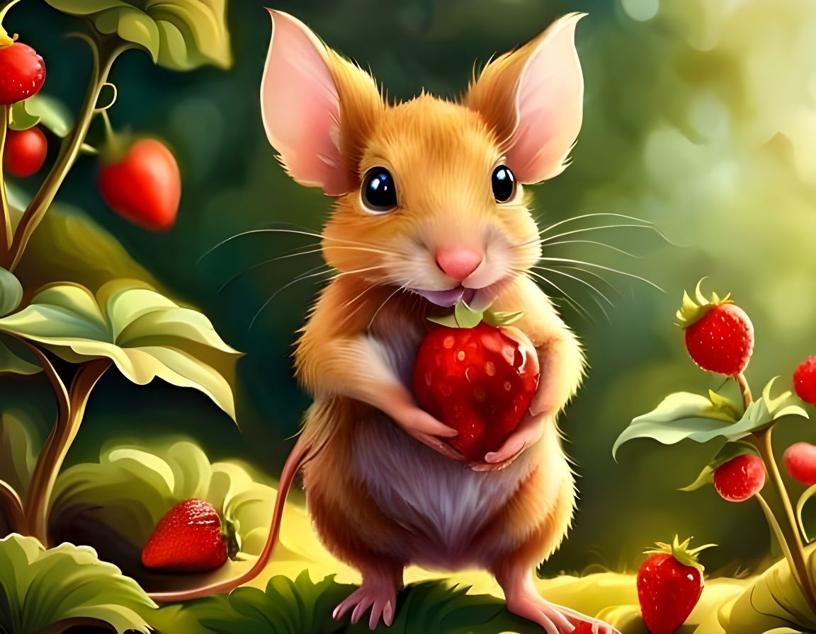Mouse in Strawberry Patch, Watercolor Beatrix Potter Style