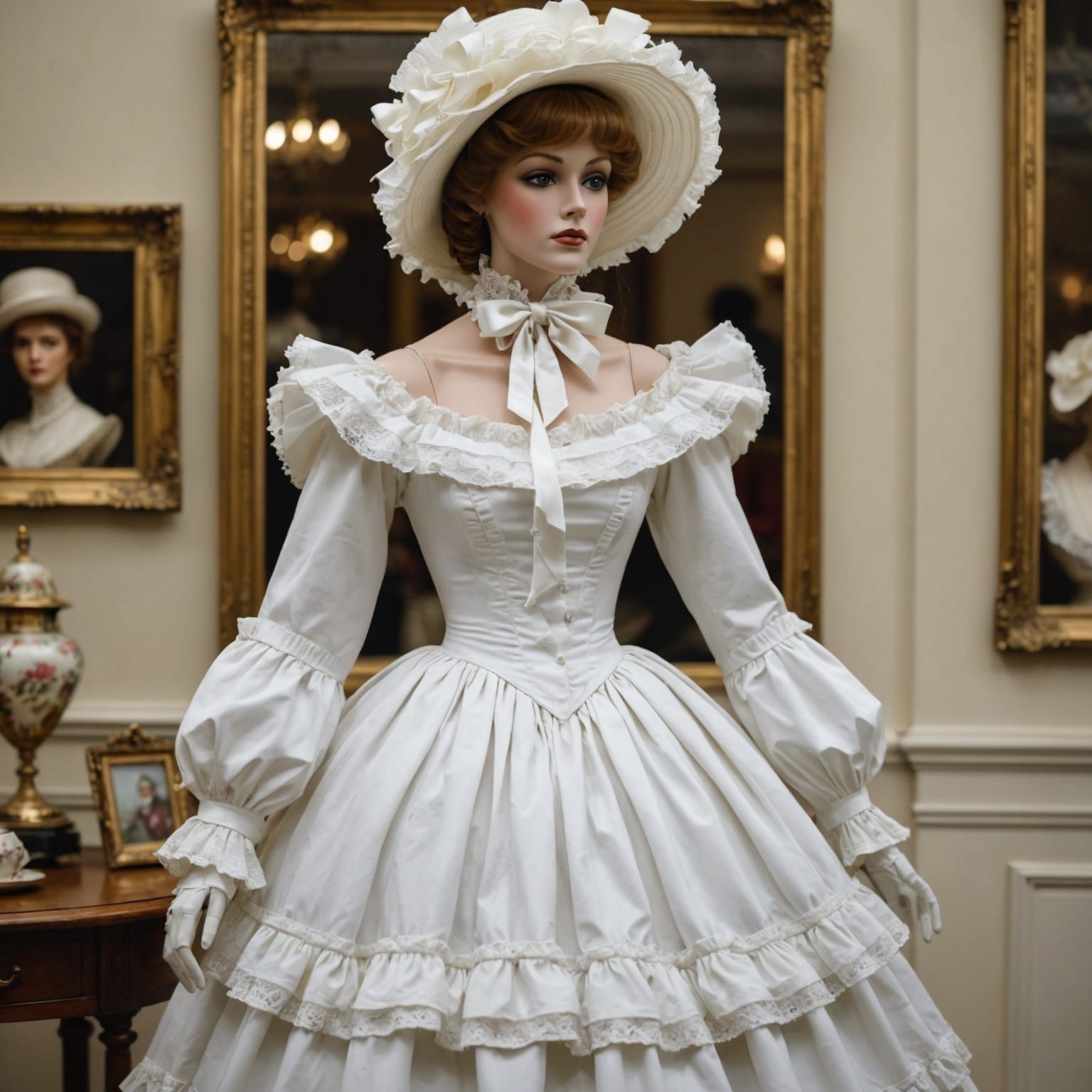 White Victorian Dress with Bows and Frills