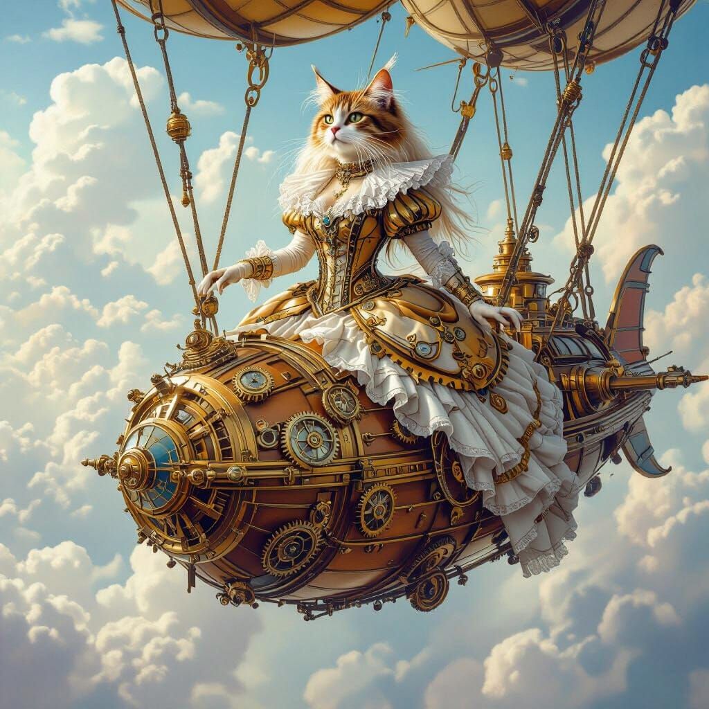 Steampunk Cat on Airship in Leonardo DaVinci Style