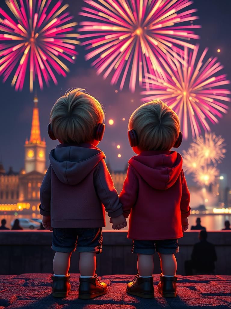 Toddlers Watch Fireworks in Photorealistic Style