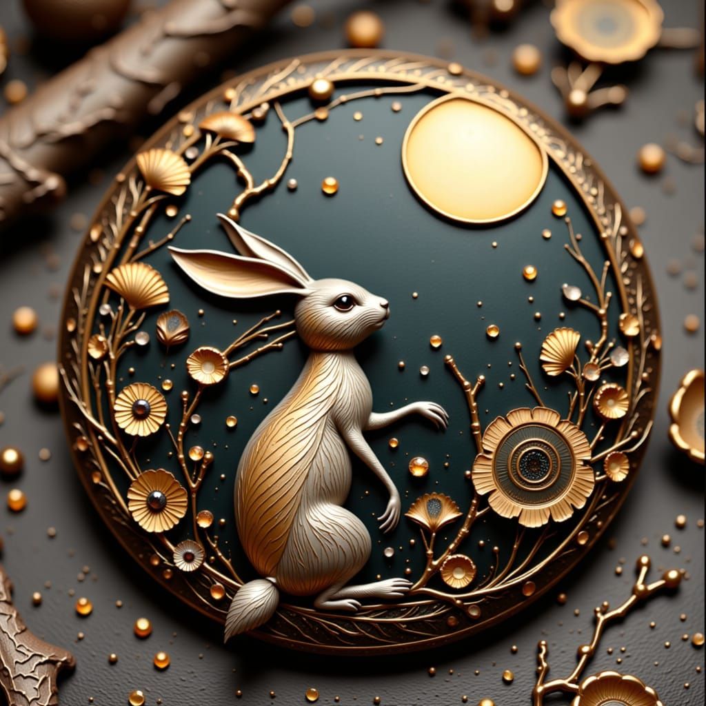 Japanese Brooch with Rabbit and Moon, Meiji Period