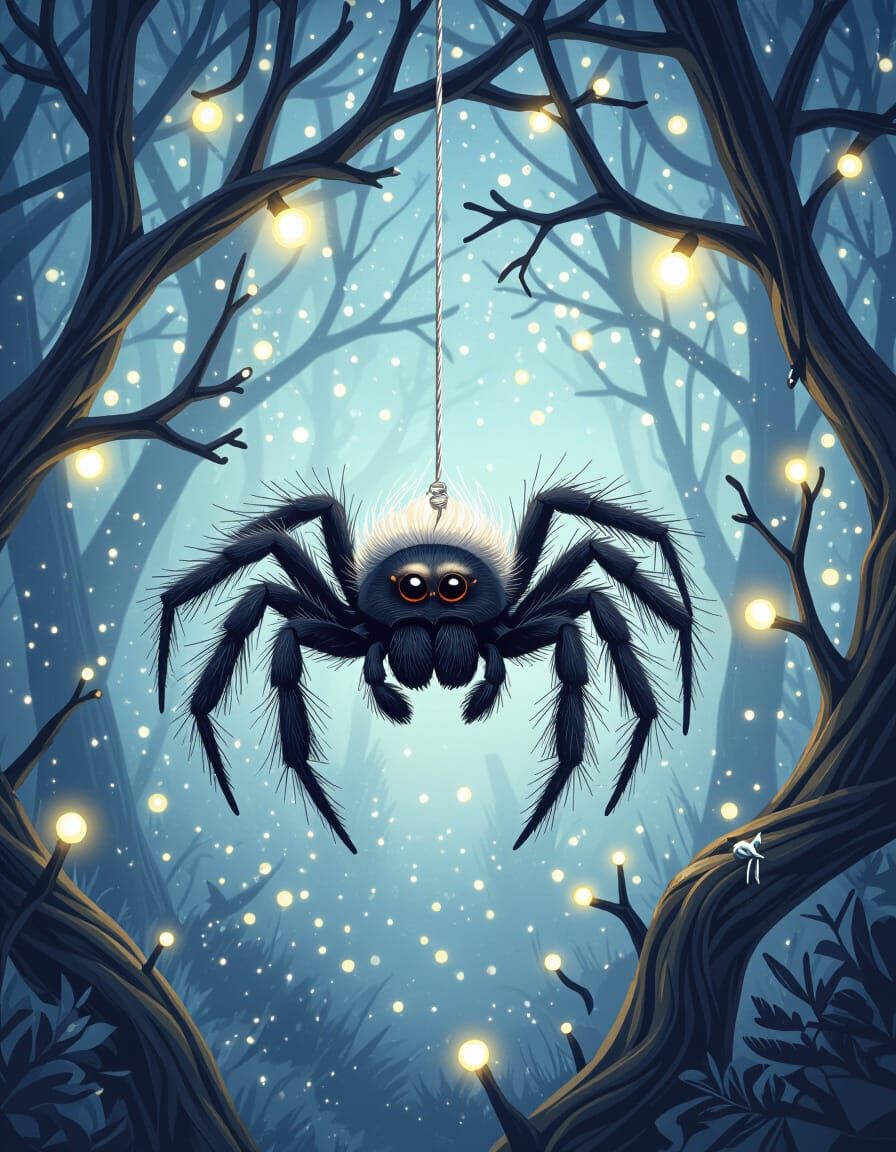 Whimsical Spider Dangles in Enchanted Night Forest