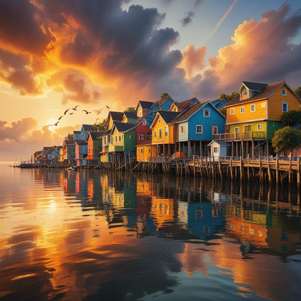 Colorful Coastal Village in Impressionism Style