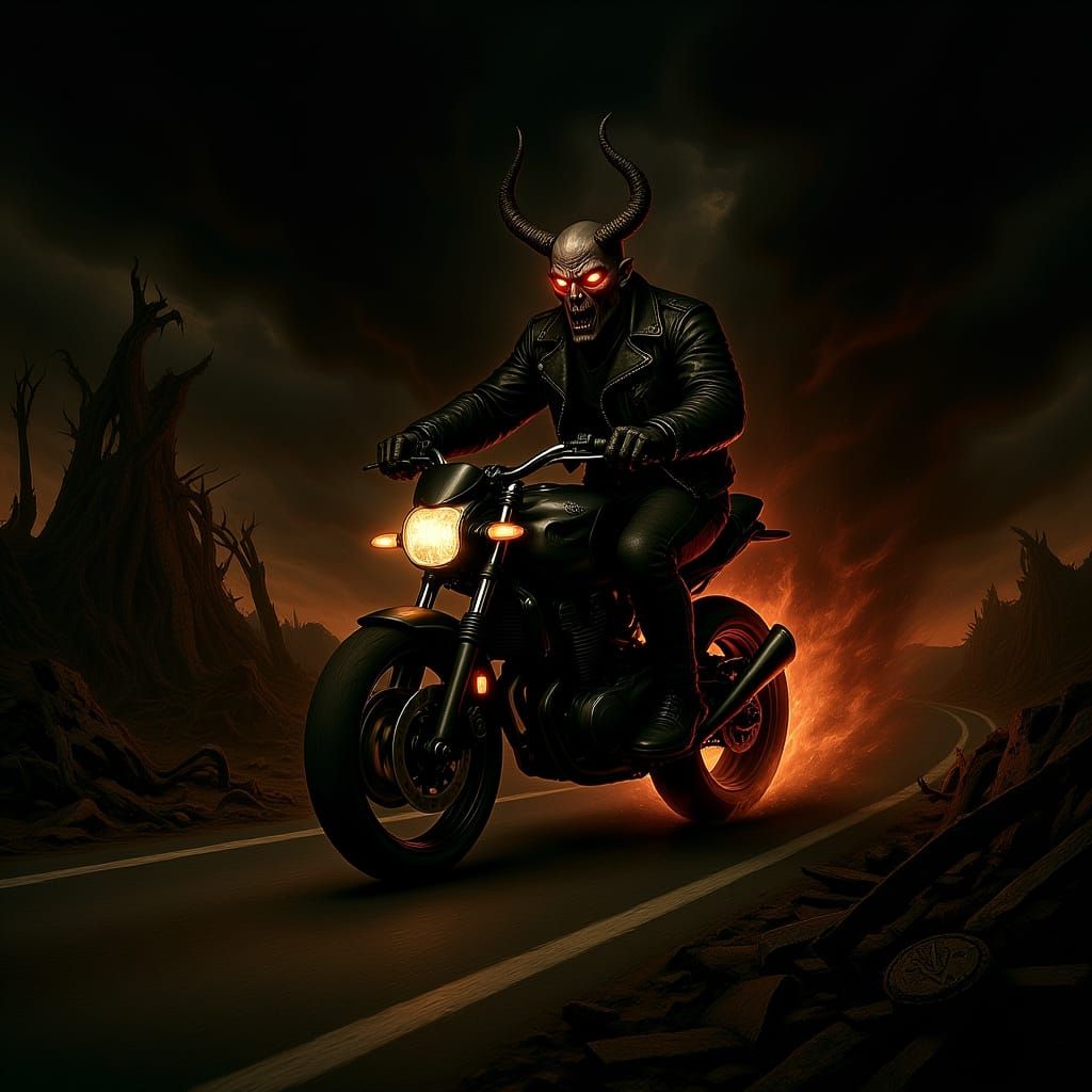 Demonic Biker on Flaming Motorcycle in Dark Fantasy Style