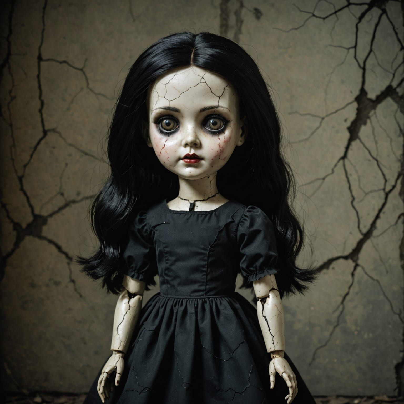 Creepy Cracked Doll in Black Dress