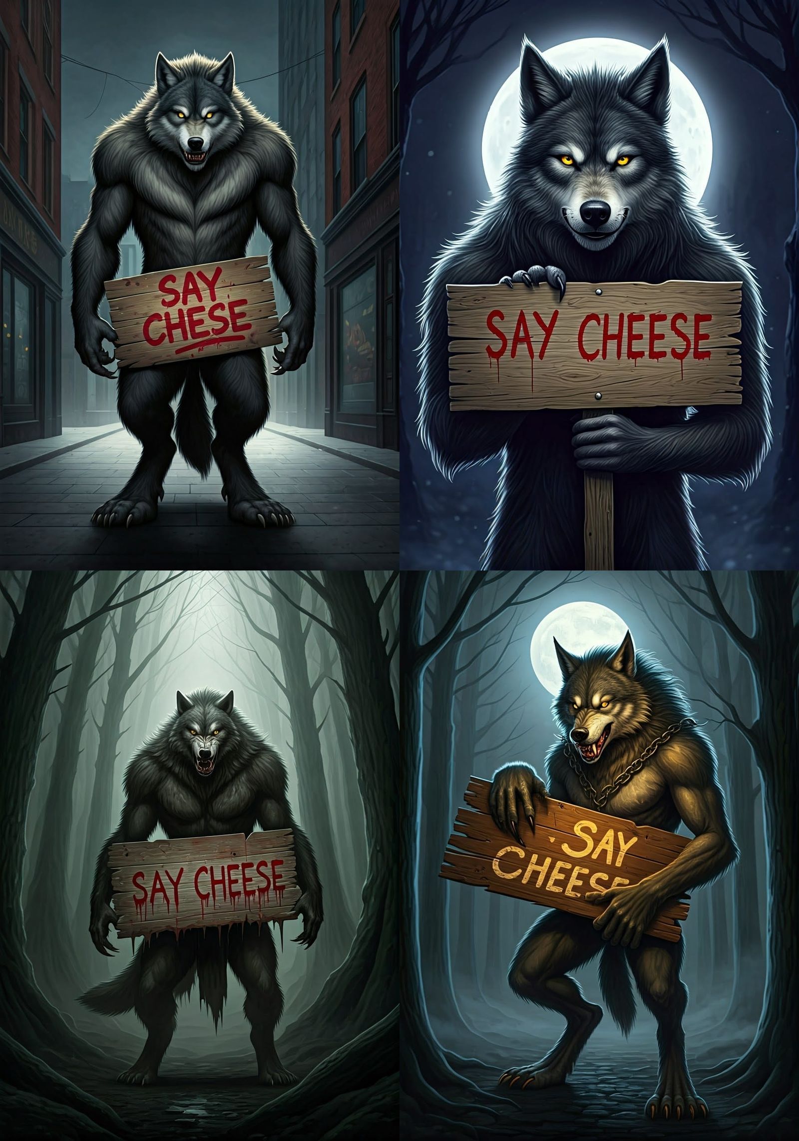 Humorous Werewolf Portrait with 'Say Cheese' Sign