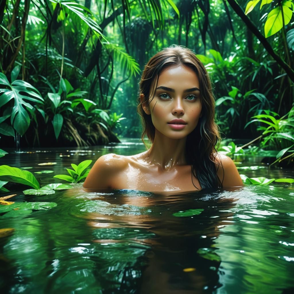 Woman in Jungle with Water: 4K Image