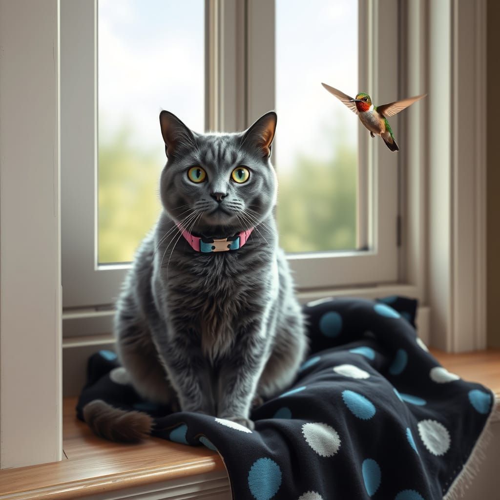 Realistic Cat on Spotted Window Seat Watching Hummingbird