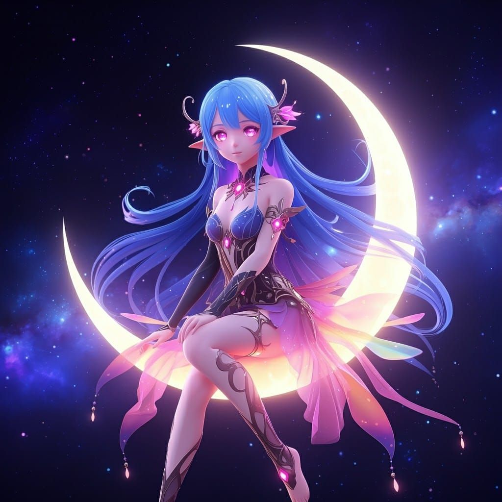 Female Elf on a crescent moon