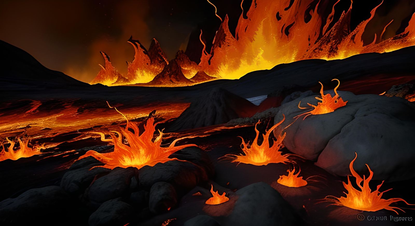 Flammenalb: Fiery Humanoid in Volcanic Landscape